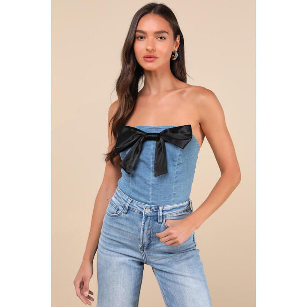 Lulus Flirty Admiration Light Wash Denim Bow Strapless Crop Top Blue Size S NWT